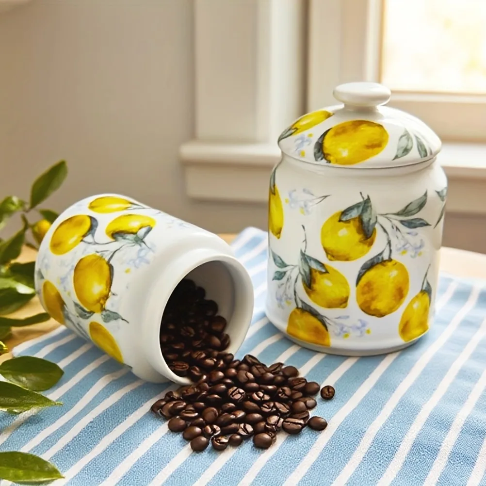 Lemon Tea Coffee - وعاء تخزين سيراميك بنقشة الليمون سعة