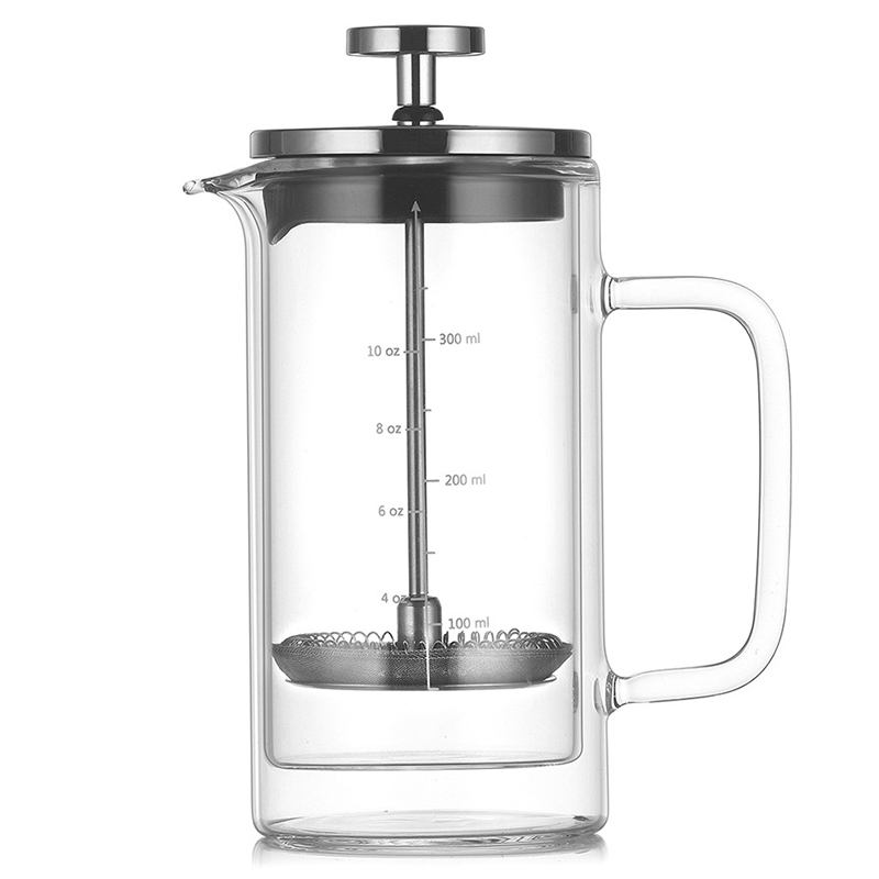 French Press Glass - وعاء قهوة فرنسي بطبقتين بمقياس ،